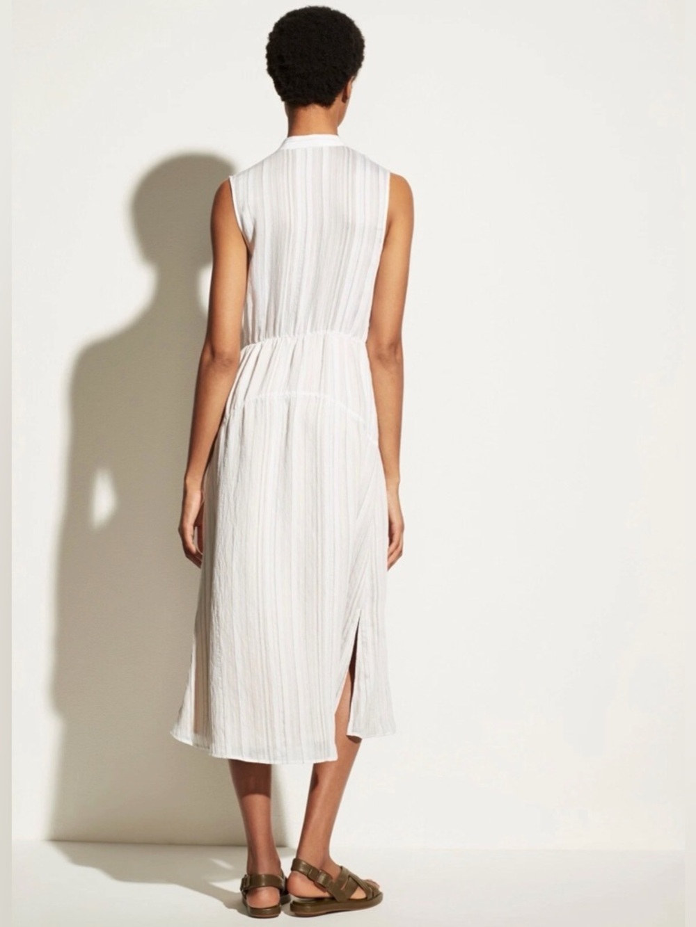 Vince Drapey Stripe Tiered Dress Women's 14 Off White Sleeveless Midi Maxi - Picture 2 of 8
